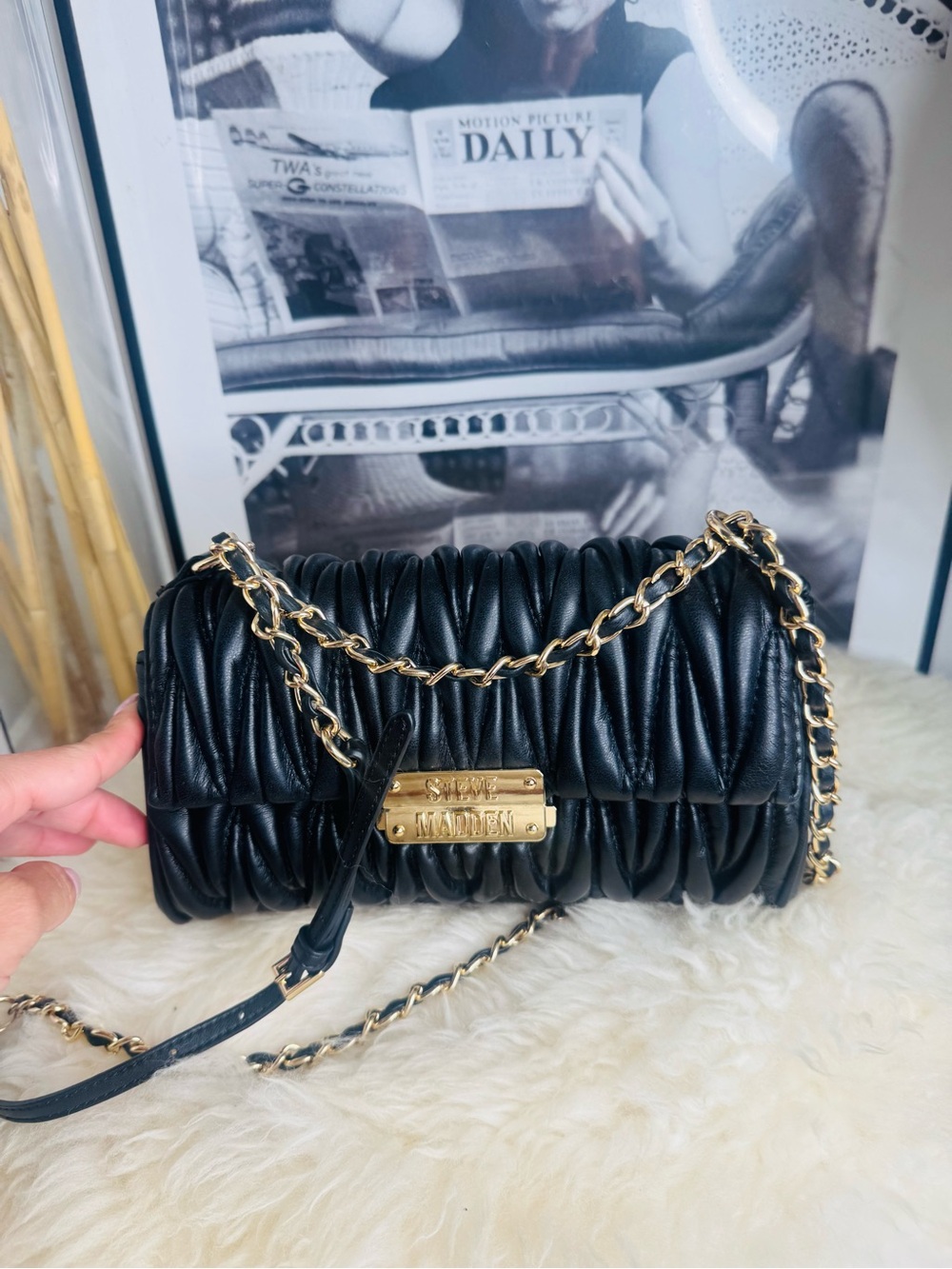 Original Steve Madden Black Quilted Leather Chain Shoulder Bag